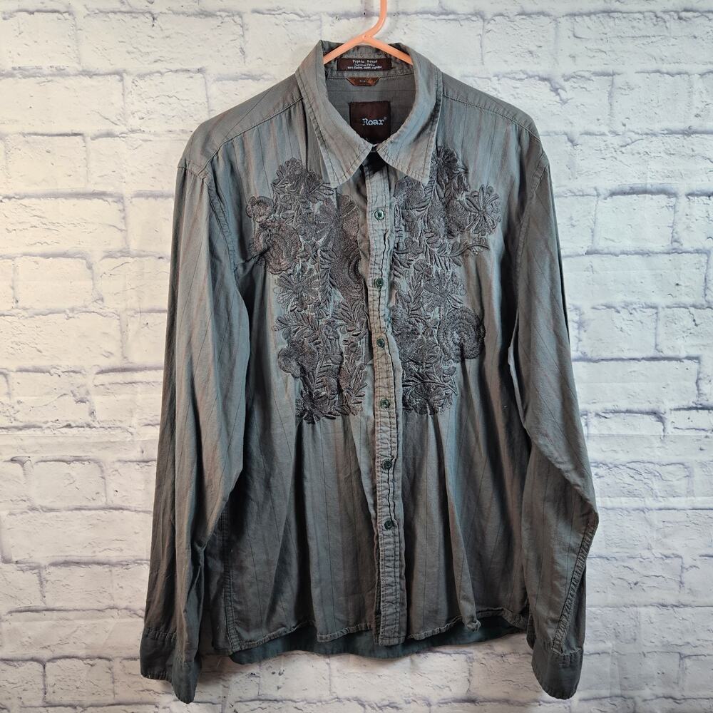 Roar Button Up Shirt Mens XXL Gray Long Sleeve Poplin Douce Cotton Collared